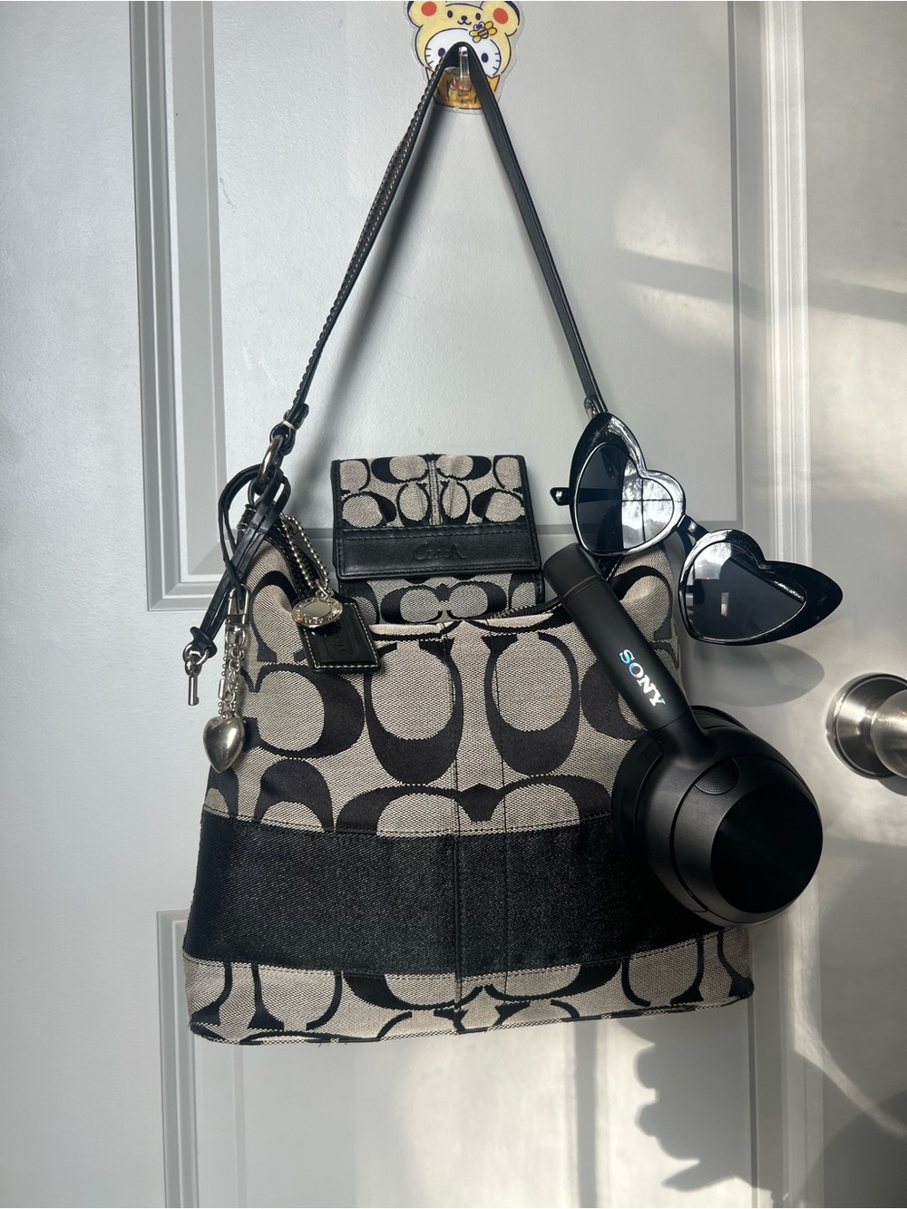 Coach Black and Cream Signature Canvas Shoulder Bag with Matching Wallet